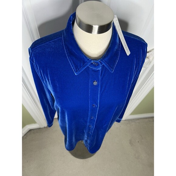 New Soft Surroundings Boyfriend Shirt Velvet Tunic 14-16 Large Cobalt Blue Boho - Picture 3 of 11